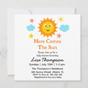 Smiling Sunshine Here Comes The Sun Baby Shower Invitation