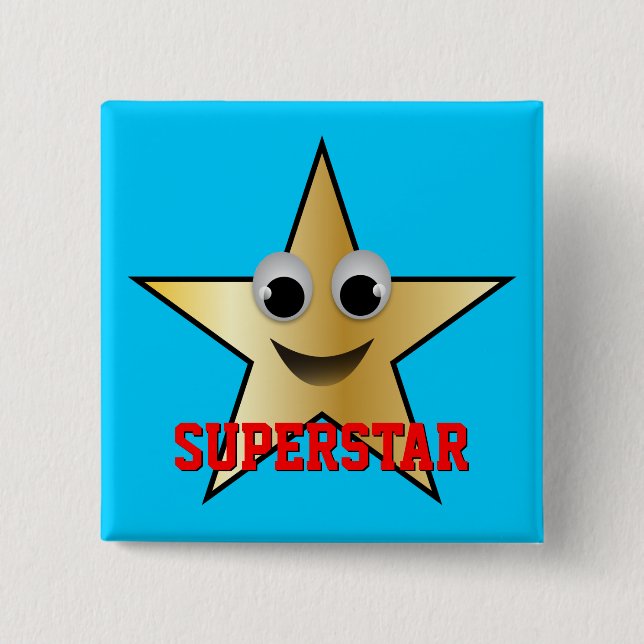 Smiling Superstar Character Gold Coloured 2 Inch Square Button (Front)