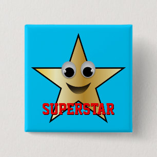 Smiling Superstar Character Gold Coloured 2 Inch Square Button