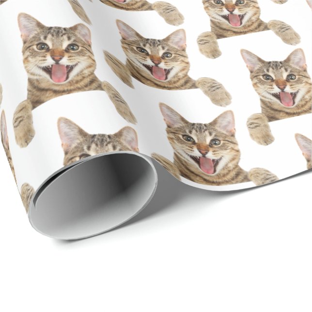 smiling tabby cat on white wrapping paper (Roll Corner)