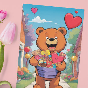 Smiling Teddy Bear with Gift Basket Valentine  Poster