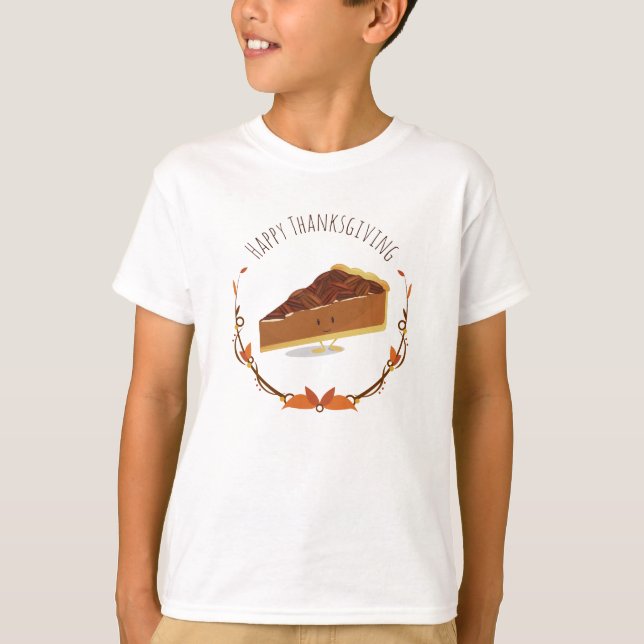 Smiling Thanksgiving Pecan Pie Slice Teal T-Shirt (Front)
