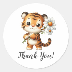 Smiling Tiger with Sunflowers Thank You Classic Round Sticker