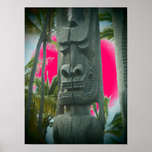 Smiling tiki statue pink tropical poster