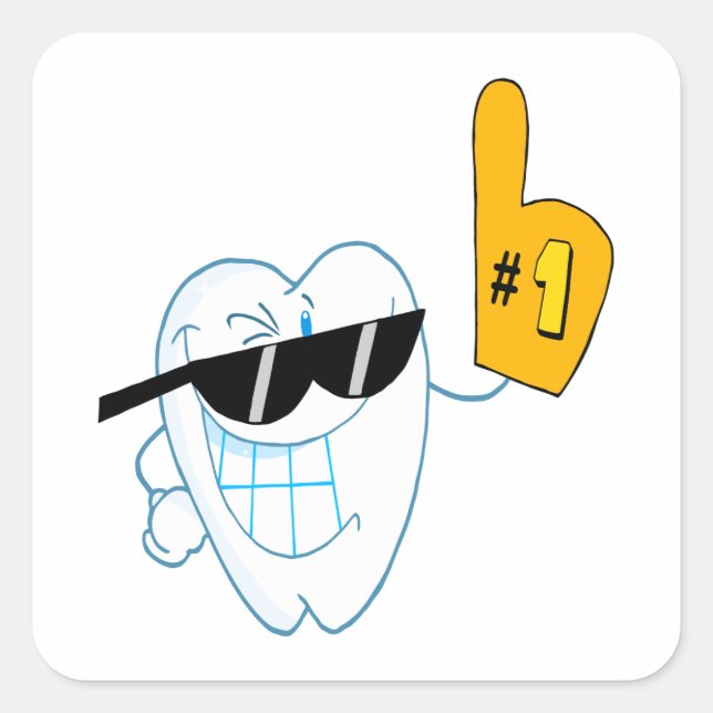 Smiling Tooth Cartoon Character Number One Square Sticker (Front)