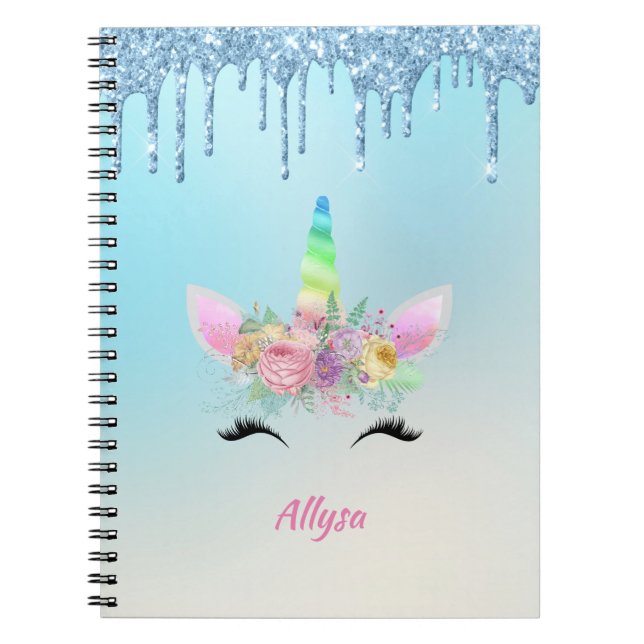 Smiling Unicorn Horn and Eyelashes with Flowers Notebook (Front)
