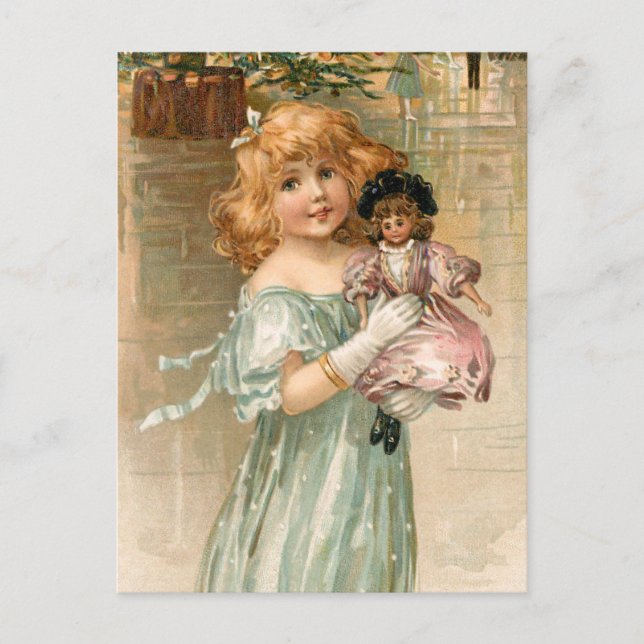 Smiling Victorian Girl with Doll at Christmas Ball Holiday Postcard (Front)