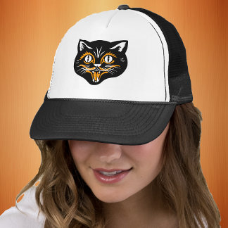 Smiling Vintage Halloween Cat Face Black Orange Trucker Hat
