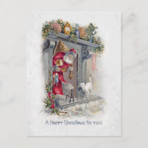 Smiling Vintage Santa in Hearth with Presents Postcard