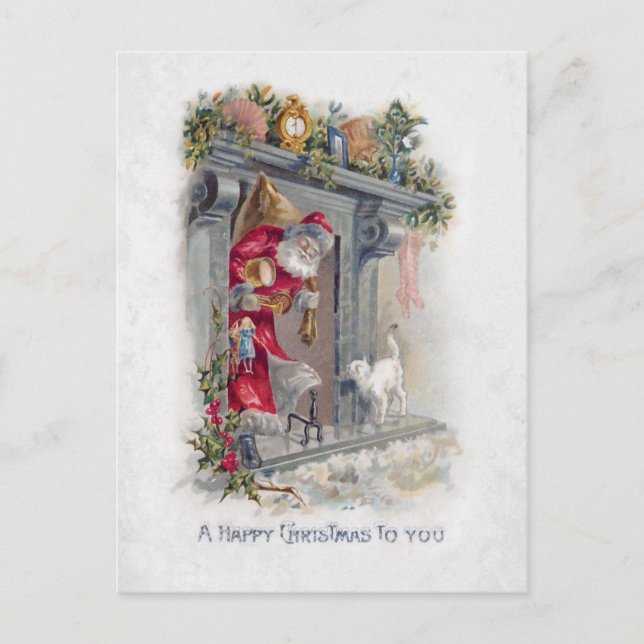 Smiling Vintage Santa in Hearth with Presents Postcard (Front)