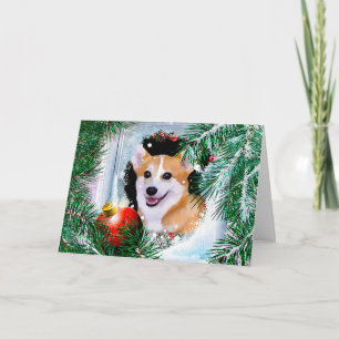Smiling Welsh Corgi in the Winter Window Holiday Card