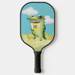 Smiling Whimsical Gator with Your Monogram Initial Pickleball Paddle