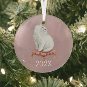 Smiling White Kitty Keepsake Customizable Year  Glass Ornament