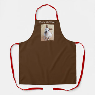Smiling White Reindeer Puppy Dog Christmas Brown Apron