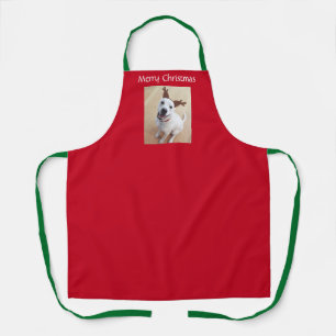 Smiling White Reindeer Puppy Dog Christmas Red Apron