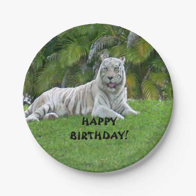 Smiling White Tiger and Palm Trees Paper Plates (Front)