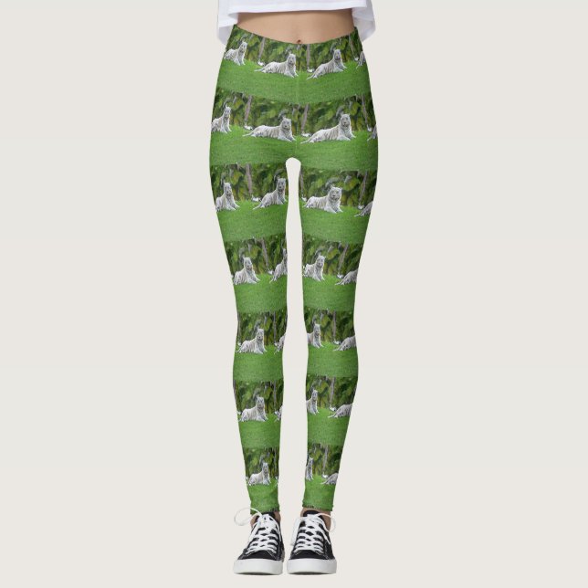 Smiling White Tiger Green Meadow Tile Leggings (Front)