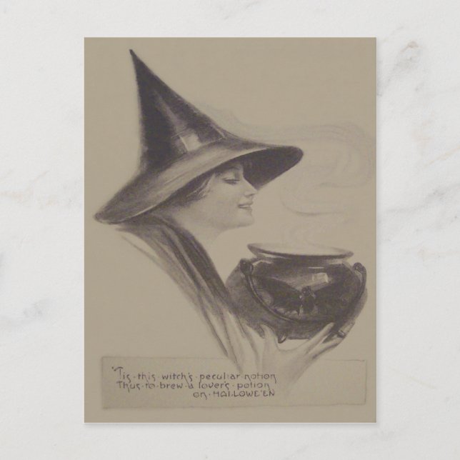 Smiling Witch Caldron Spell Potion Sepia Postcard (Front)