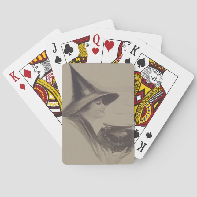 Smiling Witch Cauldron Spell Potion Sepia Playing Cards (Back)