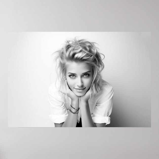 Smiling woman with her head in her hands B&W photo Poster (Front)