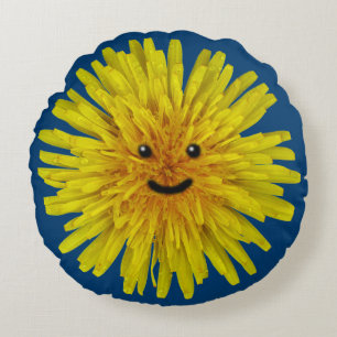 Smiling Yellow Dandelion Flower Boy on any Colour Round Pillow