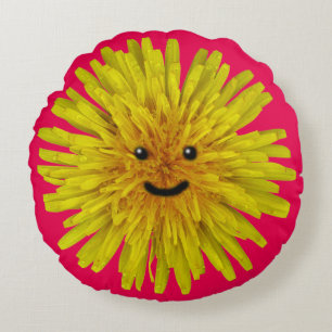 Smiling Yellow Dandelion Flower Girl on any Colour Round Pillow