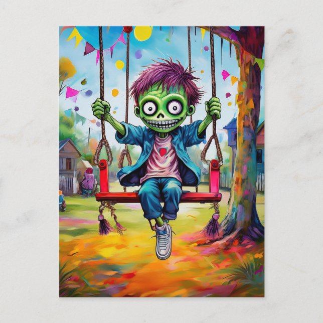 Smiling Zombie Kid on Swing with Party Flags Postcard (Front)