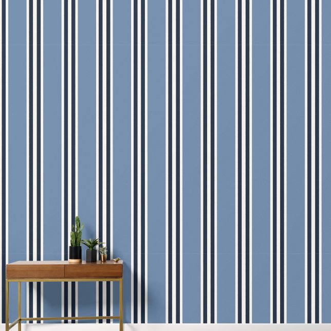 Smoke Blue & Navy Double Rugby Stripe  Wallpaper (Hallway)
