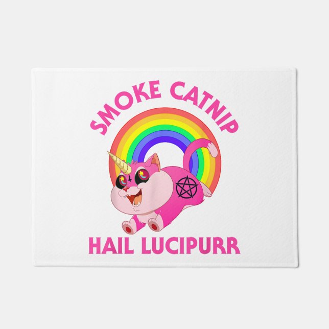 Smoke Catnip Hail Lucipurr, Funny Satan Cat Unicor Doormat (Front)
