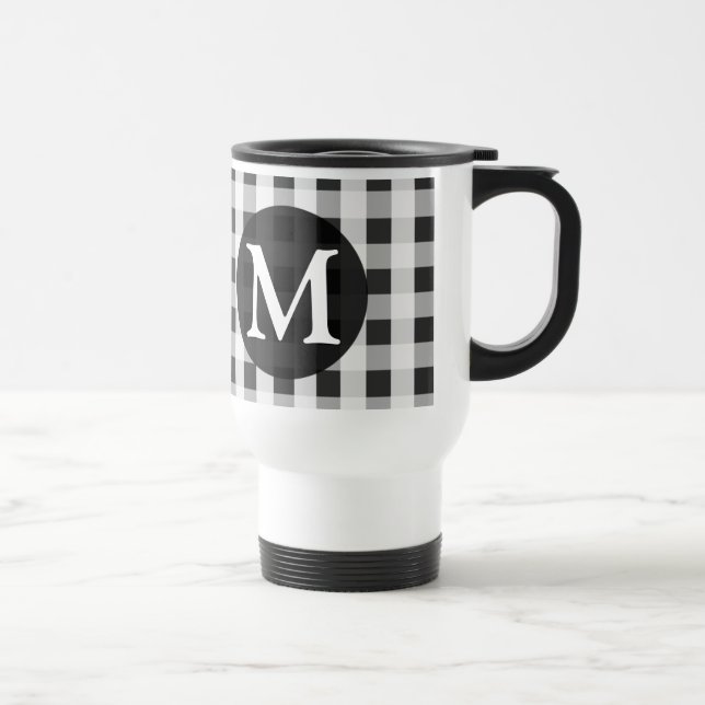 Smoke Grey Gingham Pattern Personalized Monogram Travel Mug (Right)