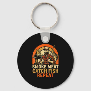 Smoke meat catch fish repeat bbq dad fishing funny keychain