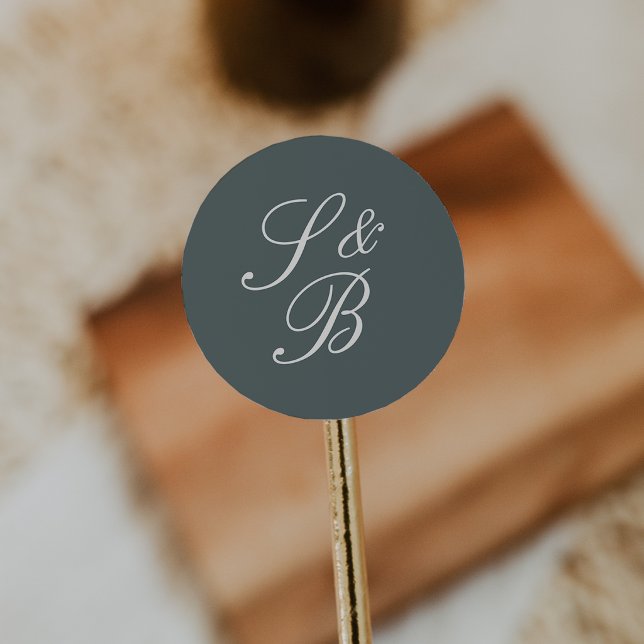 Smoked Spruce Classic Script Monogram Wedding Round Sticker (Creator Uploaded)