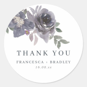 Smokey Blue Flowers Wedding Thank You Classic Round Sticker