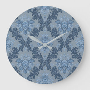 Smokey Blue Slate Soft Powder Blue Elegant Damask Large Clock