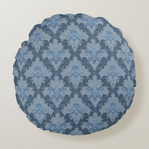 Smokey Blue Slate Soft Powder Blue Elegant Damask Round Pillow