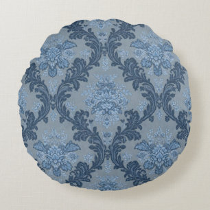 Smokey Blue Slate Soft Powder Blue Elegant Damask Round Pillow