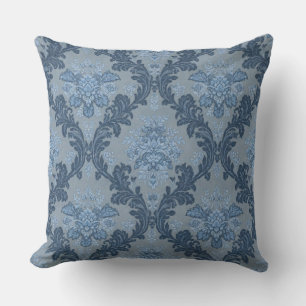 Smokey Blue Slate Soft Powder Blue Elegant Damask Throw Pillow