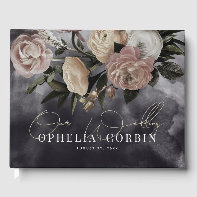 Smokey Dark Black Rose Bouquet Wedding Guest Book (Front)