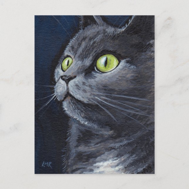 Smokey | Green Eyed Blue Grey Cat Portrait Postcard (Front)