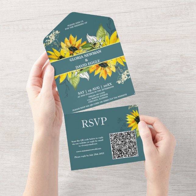 Smokey Green Sunflower QR Code All In One Invitation (Tearaway)
