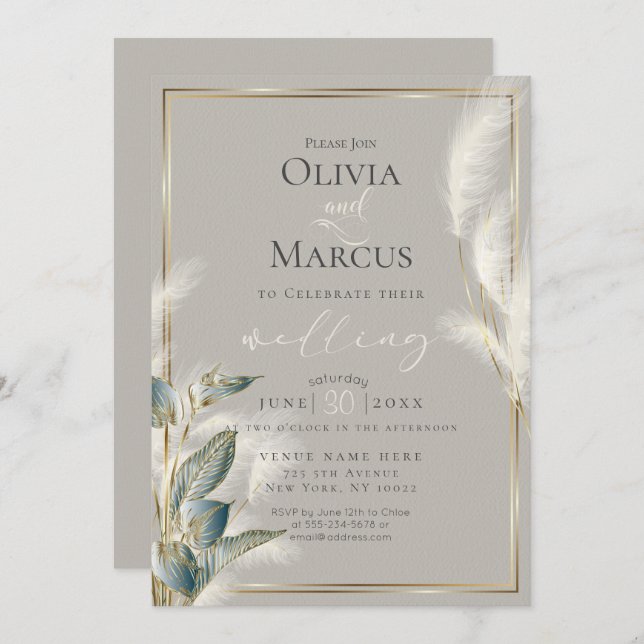 Smokey Teal Anthurium and Feathery Pampas Grass Invitation (Front/Back)