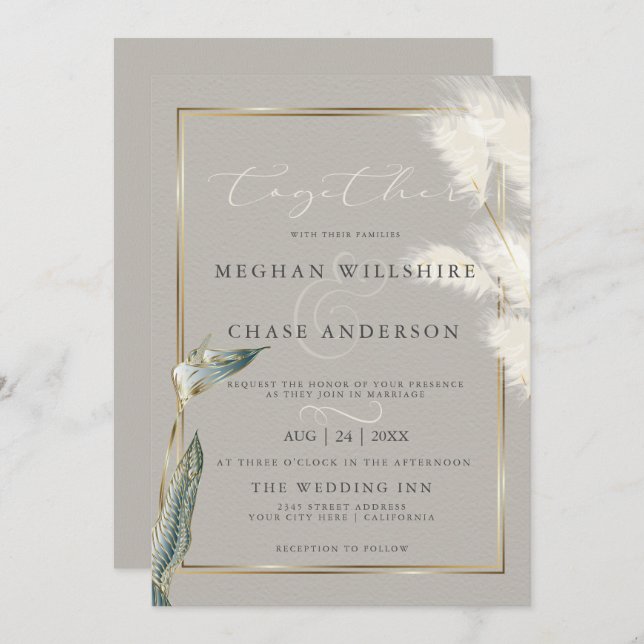 Smokey Teal Anthurium Pampas Grass Invitation (Front/Back)