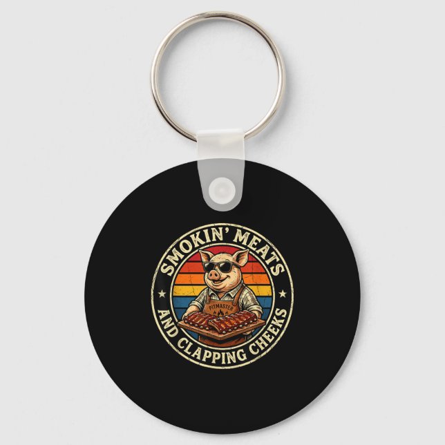 Smokin meats and clapping cheeks funny pig bbq men keychain (Front)