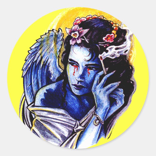 Smoking angel classic round sticker (Front)