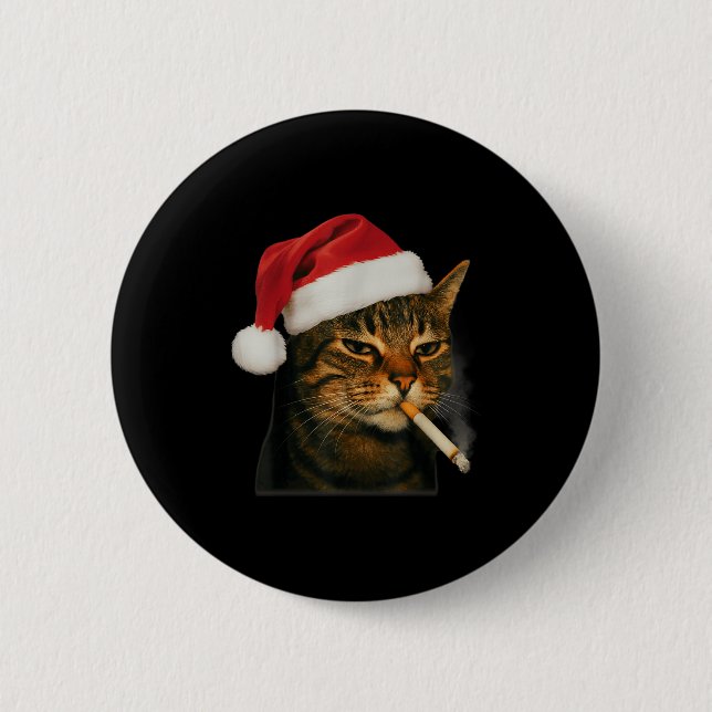 Smoking Cat Cigarette Christmas Santa Hat Cat Meme 2 Inch Round Button (Front)