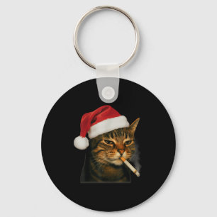 Smoking Cat Cigarette Christmas Santa Hat Cat Meme Keychain