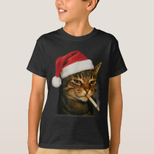 Smoking Cat Cigarette Christmas Santa Hat Cat Meme T-Shirt