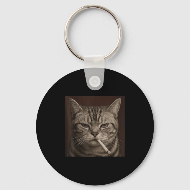 Smoking Cat, Cigarette Kitty Gen Z Meme, Cat Lover Keychain (Front)