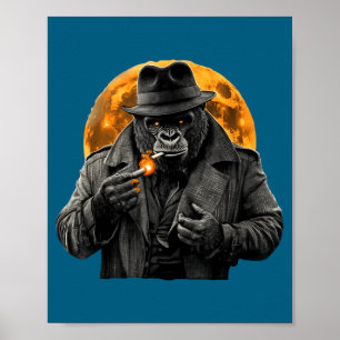 Smoking Gorilla In Trench Coat With Orange Moon Ar Poster