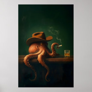 Smoking Octopus Cowboy Wall Art, Vintage Moody Bar Poster